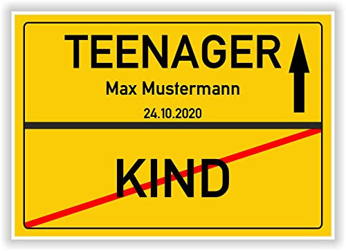 Vom KIND zum TEENAGER - Ortsschild - Bild - persönliche Geschenkidee zum 13 Geburtstag mit Name und Datum - personalisiertes Geschenk Hinweisschild Party Deko Karte Junge Mädchen