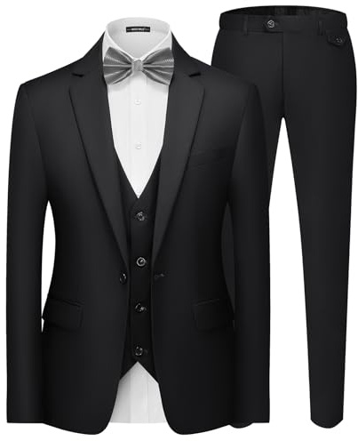 MAGE MALE Men's 3 Pieces Suit Elegant Solid One Button Slim Fit Single Breasted Party Blazer Vest Pants Set. Brilliant Black