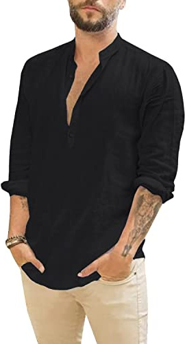 ORANDESIGNE Camicia di Lino Uomo Casual Camicia Ragazzo Collo Henley Slim Fit Maniche Lunghe Camicia Uomini Regular Fit Botton Down Shirt Magliette A Nero XS