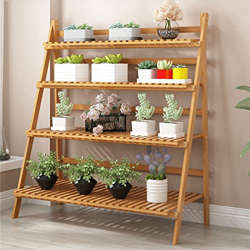 LIGUOYI 4 Tier Ladder Plant Shelves, Folding Flower Pot Holder Garden Display Shelf 4 Colors Flower Pot Stands Bamboo Holder Planter Display Shelf for Home Garden Patio Balcony Étagère À Plantes