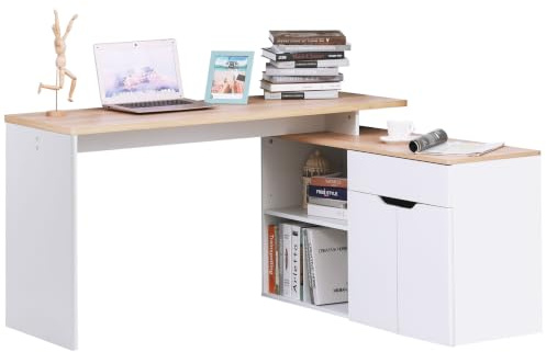 HOMCOM Bureau d'angle Modulable Multi-Rangements Placard Bois Clair Blanc | Bureau Informatique Multimédia, Double Niche, Tiroir