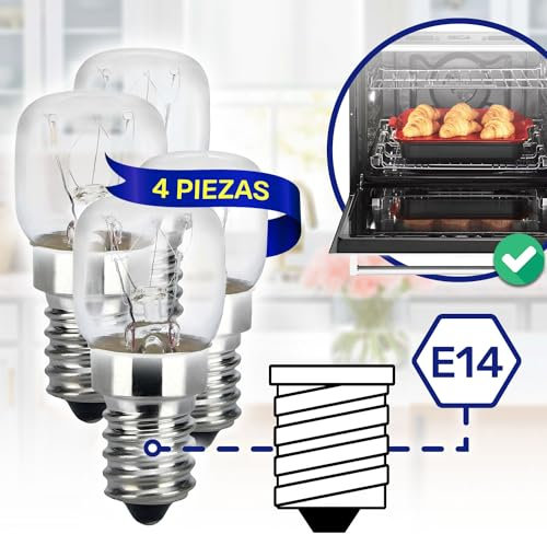 MONTERAL 4 Piezas Bombilla E14 para Horno 230/240V 25W 300°С con Código Original 00032196 032196 82461076 para Bosch para Smeg