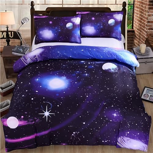 Tabeskly Kids Boy purple star space Bedding Duvet Cover Set Double, Starry Sky Soft Zipper Childrens Girls Full Bed 3 Piece Quilt Covers and Pillowcases Mildly Cosy Budget Bedclothes 200×200cm