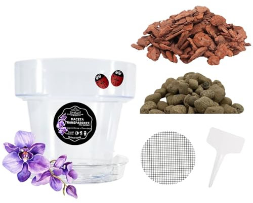 LiveLaif® Kit de Transplantation d'orchidées : 1 Pot (Crochets et Assiette) + substrat écorce de pin sélecte (avec Perlite et Vermiculite), Argile expansée + Filet + étiquette (Ø20-Transparent)