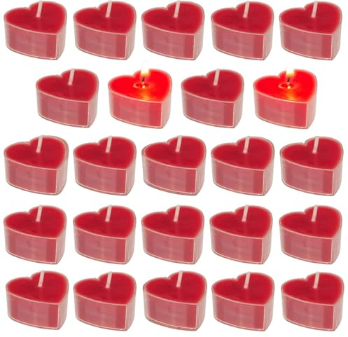 Set värmeljus i hjärtform – ca 4 x 4 cm – valbara färger röd eller vit – romantisk belysning för varje tillfälle (röd – 24 stycken)