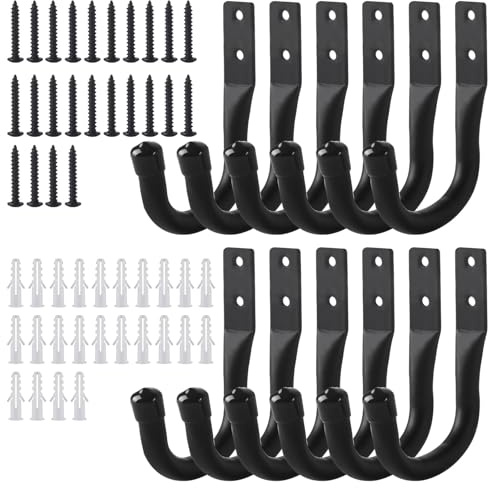 12 x Ganci da Muro per Garage, Ganci da Parete Nero, Gancio a J per Garage, Gancio Bici Muro per Biciclette, Supporto da Parete per Appendere Organizzazione Oggetti Ingombranti Utensili