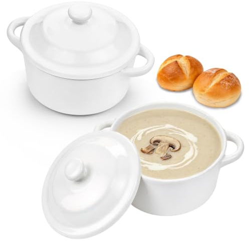 LOMTOM 2-Piece Set Small Casserole Dish with Lid, 250ml White Ceramic Creme Brulee Ramekins Soup Bowls with Handles, Oven Dish Serving Bowls for Soufflé, Oatmeal, Soup, Stews Microwave Dishwasher Safe