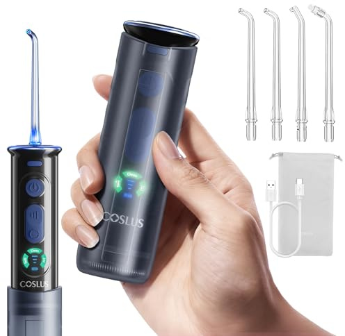 COSLUS T50 Irrigador Dental PortáTil Bucal Mini: Irrigador Dental InaláMbrico 240Ml con Tanque TelescóPico, 9 Niveles con Pantalla Luz Indicadora de PresióN, Ipx7 para Hogar Y Viajes, Azul Oscuro