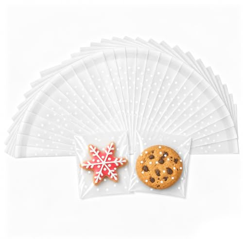 RITOLLO 200-Pack Self-Adhesive Cellophane Bags, 10 x 10 cm, White Dots