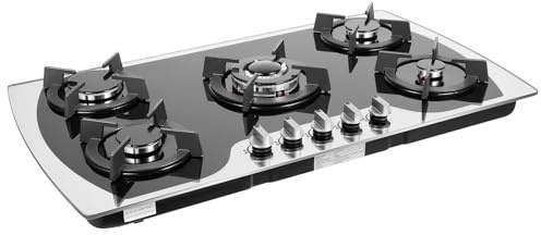 Piano cottura a gas 5 fuochi in vetroceramica 90x51cm, piano cottura a gas 5 bruciatori con sicurezza per bambini tramite termocoppia per cucina di casa o ristorante, fornello a 5 fuochi 1-3kw