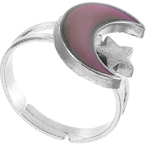 PLAFOPE Bague D'humeur pour Femmes, Étoile et Lune, Métal Argenté | Effet Visuel Changeant, Finition Polie, Motif Astral Élégant, Ajustement Facile, 1 Pièce