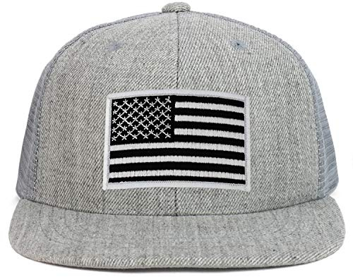 Armycrew Youth Kid's Black White American Flag Patch Flat Bill Snapback Trucker Cap - Heather Grey