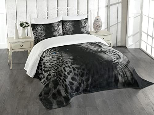 ABAKUHAUS Schwarz und weiß Tagesdecke Set, Wilde Leoparden, Set mit Kissenbezügen Sommerdecke, für Doppelbetten 264 x 220 cm, Weiß Schwarz Blau