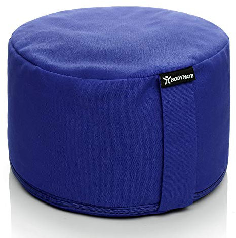 BODYMATE Extra-Hohes Yogakissen rund 31cm Durchmesser 20cm hoch Dunkel-Blau mit Buchweizen-Spelz Füllung – Maschinenwaschbarer Bezug aus 100% extra Dicker Baumwolle – Meditationskissen – Sitzkissen