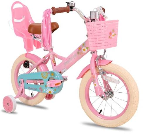 JOYSTAR Little Daisy 12 Pouces vélo Enfant pour Les Filles de 2 à 4 Ans,Vélo Gilrs avec Roues stabilisatrices, siège de poupée et paniers. Rose
