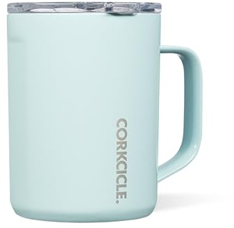 Corkcicle Origins Travel Coffee Mug - Triple Insulated Stainless Steel Cup with Handle for Tea, Hot Chocolate, Coffees, & More - Spill Proof, Reusable, Dishwasher Safe - Powder Blue, 475ml/16oz