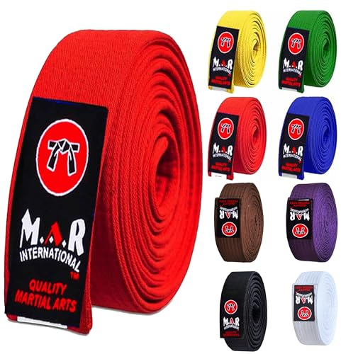 MAR | Red Martial Arts Belt, Plain Ranking Belt - 100% Cotton | Professional Equipment for All | Coloured Grading Belts, Ideal for Karate, Judo, Taekwondo, Jiu jitsu (220cm)