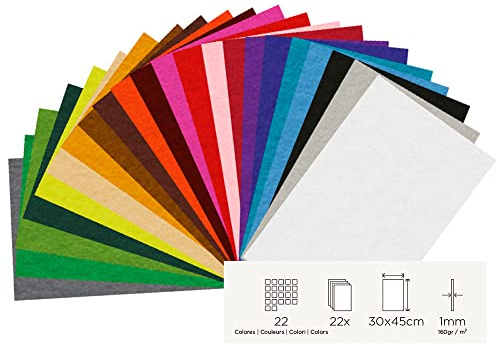 INNSPIRO Set 22 láminas fieltro acrílico surtido colores 30x45cm.x1mm. 160gr./m2 Material muy utilizado para manualidades y decoración