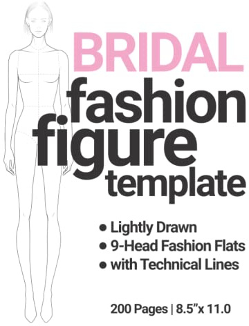 Bridal Fashion Figure Template: Lightly Drawn 9-Head Fashion Croquis Flat with Technical Lines for Wedding Fashion Sketches