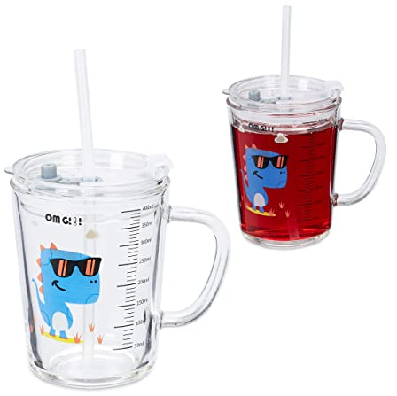 Relaxdays Set da 2 Tazze per Bambini, Bicchieri per Bimbi, con Cannuccia Manico e Tappo, 400 ml, Dinosauro, Trasparente
