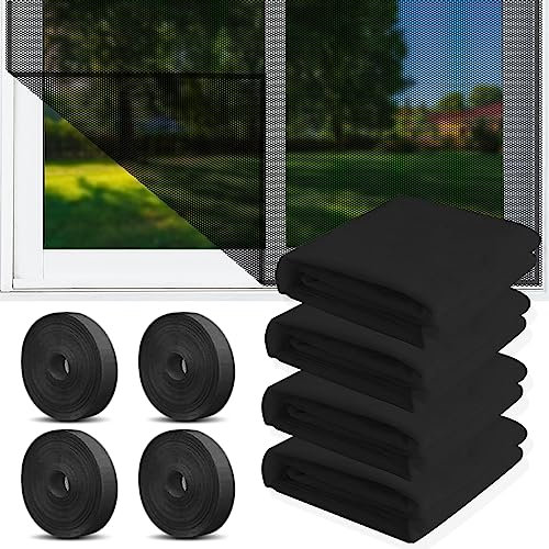 4 Pcs Moustiquaire Fenetre, 150x130cm Moustiquaire pour fenêtre, Toile Moustiquaire Découpable avec 4 rouleaux de bandes autocollantes, Filet Écran Insecte (Ensemble 4 pièces noir)
