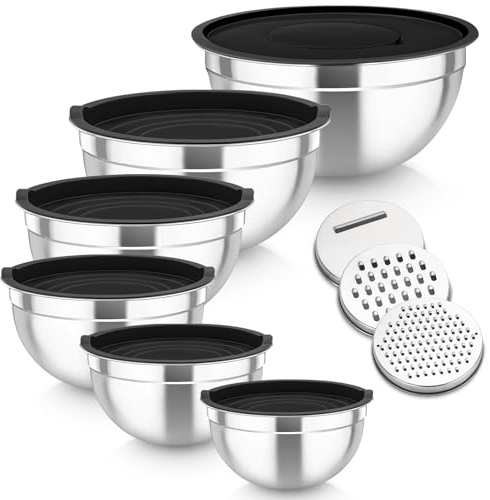TEAMFAR Rührschüssel 6er Set, Edelstahl Schüssel Salatschüssel Set mit Deckel für Küche, 3 Reibenaufsätzen & Luftdichtem Deckel, 4,6L/2,8L/2,5L/1,6L/1,2L/0,7L, Schwarz, Stapelbar & Spülmaschinenfest