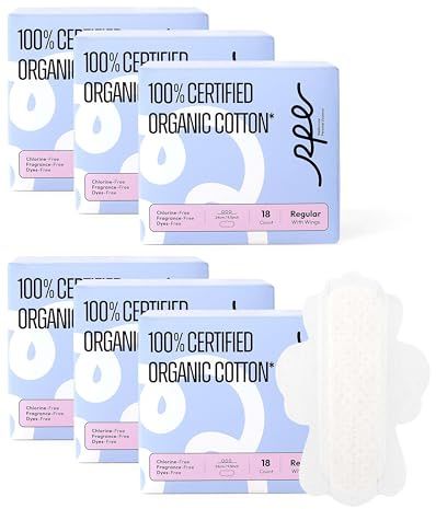 RPE Life 100% GOTS Organic Cotton Menstrual Pads with Wings, 108 Count