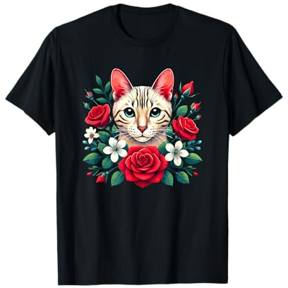 Roses Flowers Snow Bengal Cat T-Shirt