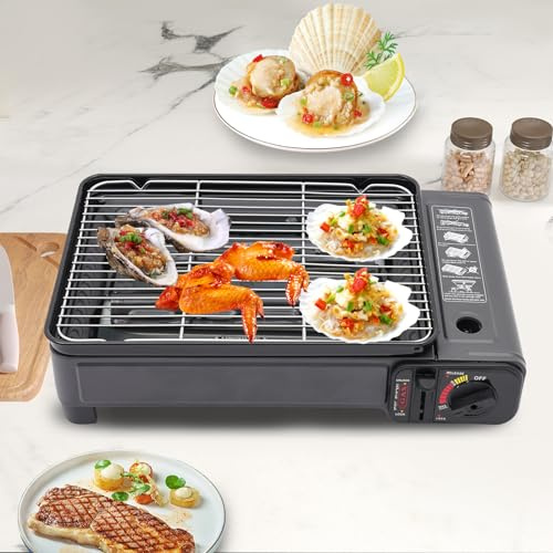 Gasgrill camping, bärbar bordsgrill gas, utomhus gasspis gasgrill med bakplåt och grillnät, för camping, resor, trekking och matlagning utomhus