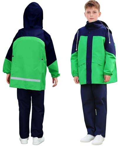 JinBei Chubasquero Niños Ligero Traje Impermeable Niño 2 Piezas con Capucha Impermeables Chaqueta y Pantalones Reflectante Conjunto Ropa de lluvia Infantil para Escuela Senderismo, 11-12 años