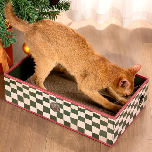 Conlun Katzen Kratzbrett mit Box, Großes Kratzmöbel, Beidseitige Kratzpappe für Katzen, Interaktive Öffnungen, Kratzbett für Wohnungskatzen, mit Katzenminze (1 Stück, Groß, Grün Kariert)