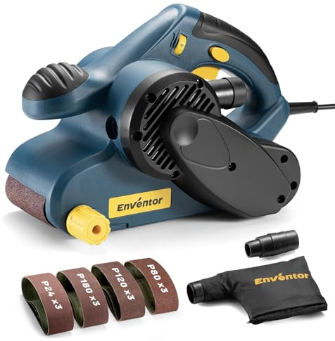 Enventor 950W Belt Sander, 6-Variable Speed (120-380 RPM), 2-in-1 Machine with Dust Bag & 12 PCS Sanding Belts (P24, P80, P120, P180) 76x533MM