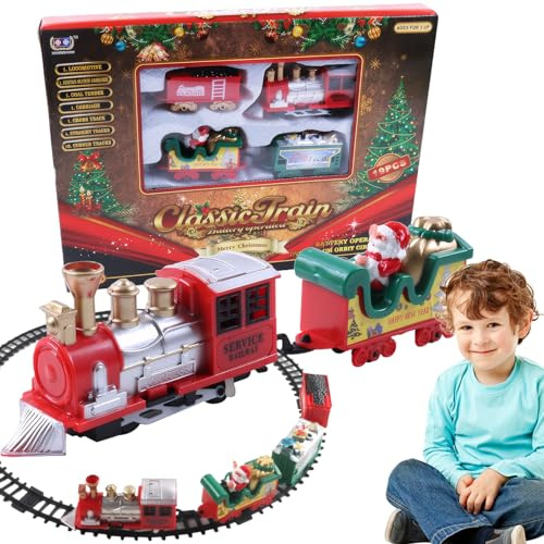 Lawnrden Electric Train Set Battery Operated Simulated Christmas Train Set with 4 Carriages Classical Kids with Tracks Easy to Assemble Kids for Birthday & Xmas|Trains Trams