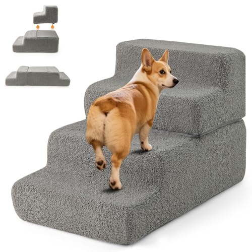 COSTWAY Dog Stairs for Bed and Sofa, 4 Step Foam Pet Ramp with Non-slip Bottom, Removable Washable Cover, Dog Steps for Small, Old Puppies Cats