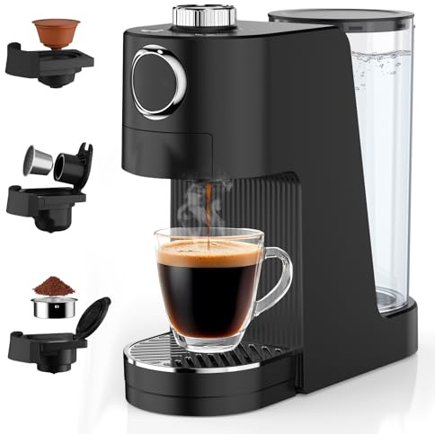 Bostar 3 in 1 Kaffeemaschine 7 Einstellbare Stufen für Wassermenge&Temperatur, 20 Bar Kapselmaschine mit 1,4 L Wassertank für Espresso Caffè, Kompatibel mit Kapseln&Gemahlen (Schwarz)
