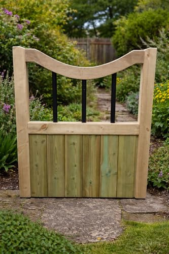 Wooden Garden Gate with Curved Top & PVC Spindles – Pressure Treated Timber Outdoor Pathway Gate for Yard, Lawn & Cottage Garden (120cm High x 99cm Wide x 5cm Deep)