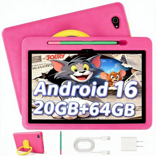Laptok Tablet Bambini 10 Pollici Android 16, 20GB+64GB+1TB, Controllo Parentale, Tablet Educativo con Custodia Antiurto, Schermo HD 800x1280, Batteria 6000mAh（Rosa）