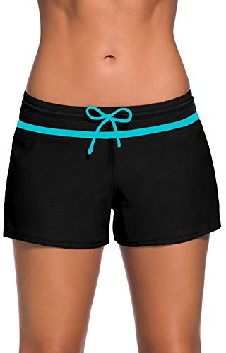 Acfoda Damen Schwimmshorts Badeshorts mit UV Schutz Bikinihose Boardshorts Schnell Trocknendes Schwimmhose Frauen Strand Kurze Badehose Sommer Bikini Shorts Wassersport Schwarz 42-44