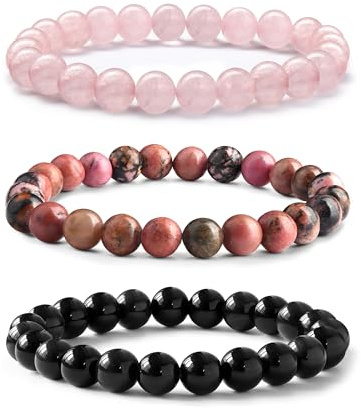 ADRAMATA 3 Pezzi 8mm Bracciale Pietre Naturali Donna Uomo Braccialetto Elastico con Pietre Quarzo Rosa/Rodonite/Ossidiana Nera Naturale Braccialetto Perline Donna