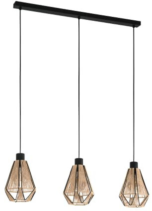 EGLO Pendelleuchte Esstisch Adwickle, 3-flammige Hängelampe für Wohnzimmer und Esszimmer, Textil Esszimmerlampe aus Hanf in Natur und Metall in schwarz, Lampe hängend mit E27 Fassung