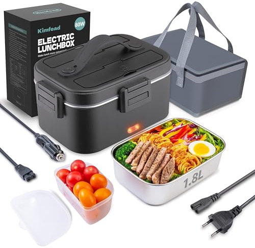 Kimfead Gamelle Chauffante 100W Lunch Box Chauffante Boite Chauffante Repas 1.8l Acier Inoxydable Détachable pour Voiture Camion Bureau 12v/24v/230v avec Sac(1.8L-Noir)