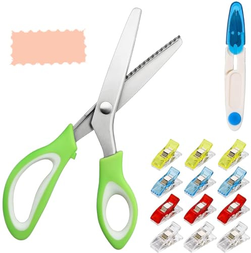 GOTRUST Pinking Shears Set for Fabric Cutting, 9.4Inch Zig Zag Seeing Scissors, Professional Dressmaking Scissors with Thread Snips and 5 Clips, Embroidery Scissor for Leather Fabrics Paper