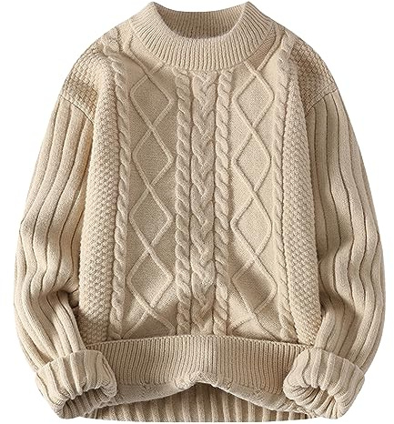 Pulls Homme Tricoté, Pull Hiver Homme à Torsadée Grande Taille Encolure Ronde Manches Longues Simple Classique épaisse Sweaters Chaude Lâche Simple de Mode Automne et Hiver Tricot Chandails
