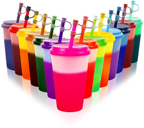 Patinao 14 Pack Color Changing Cups Tumblers with Lids & Straws - 12oz Reusable Plastic Drinking Cups Bulk Party Sippy Cups Cold Water Cup Set (with Silicone Straw Cover)