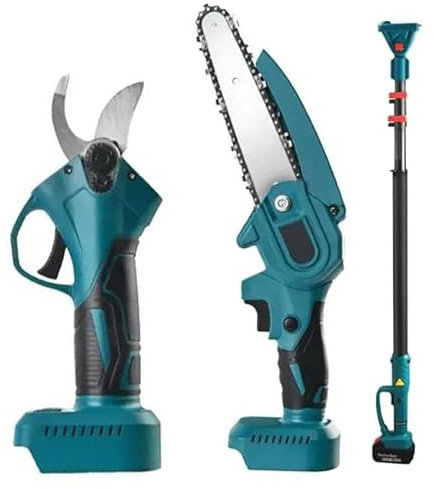 K2 STORE Kit Potatura Forbice a Batteria + Motosega a Batteria 6 Pollici + Asta Telescopica 128-248cm, Kit 3 in 1, Cesoie E Mini Motosega Elettriche per Potatura Giardino Rami Arbusti Vigneto.