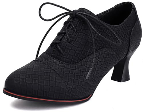 MiaZane Zapatos Oxford de Mujer Vintage Wingtip de Cordones Tacón Kitten Heel Court Shoes Punta Redonda Pumps de Trabajo para Oficina y Reunión de Negocios,Negro,45 EU
