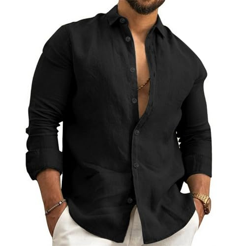 Litthing Mens Linen Shirts Long Sleeve Cotton Summer Shirt Regular Fit | Lightweight Casual Shirts, Solid Beach Holiday Tops for Men Adult
