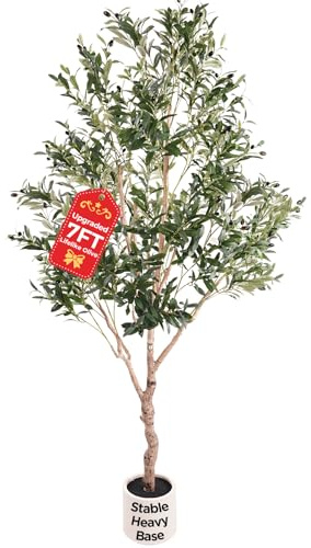 Large Olive Trees Artificial Indoor, Upgraded 7FT Faux Olive Tree with Natural Wood Trunk and Lifelike Fruits, White Tall Planter, Modern Artificial Plants for Home/Office Decor Gifts Pcs