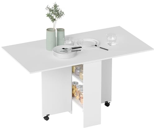 HOMCOM 80-140 cm Folding Dining Table for 4-6 People, Drop Leaf Table with 2-Tier Shelves, Rolling Casters, for Small Spaces, Kitchen, Flat, Dining Room, White