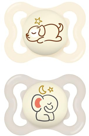 MAM Chupete con Escudo Ventilado, Brilla en la Oscuridad, 2-6 Meses, Tetina Extra Delgada y Flexible de Fácil Aceptación, con Caja Autoesterilizadora, MAM Supreme, Neutro Brillante, Pack 2uds